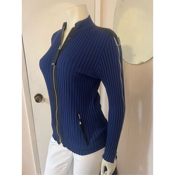 Jamie Saddock Blue Stretchy Ribbed Zip Front & Sleeves black faux leather Trmmed - Picture 4 of 8